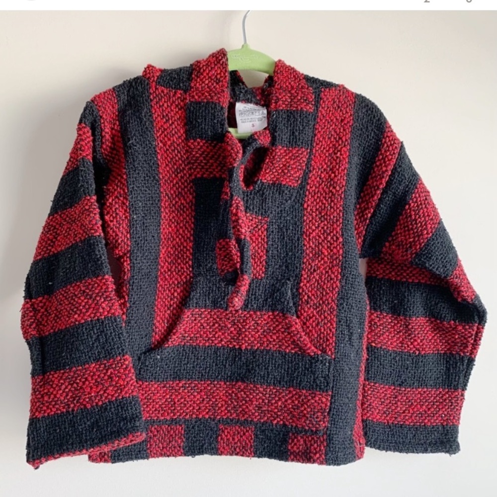 AUTHENTIC Hooded Baja Poncho Woven Red Black Size Small (2T) Made in Mexico